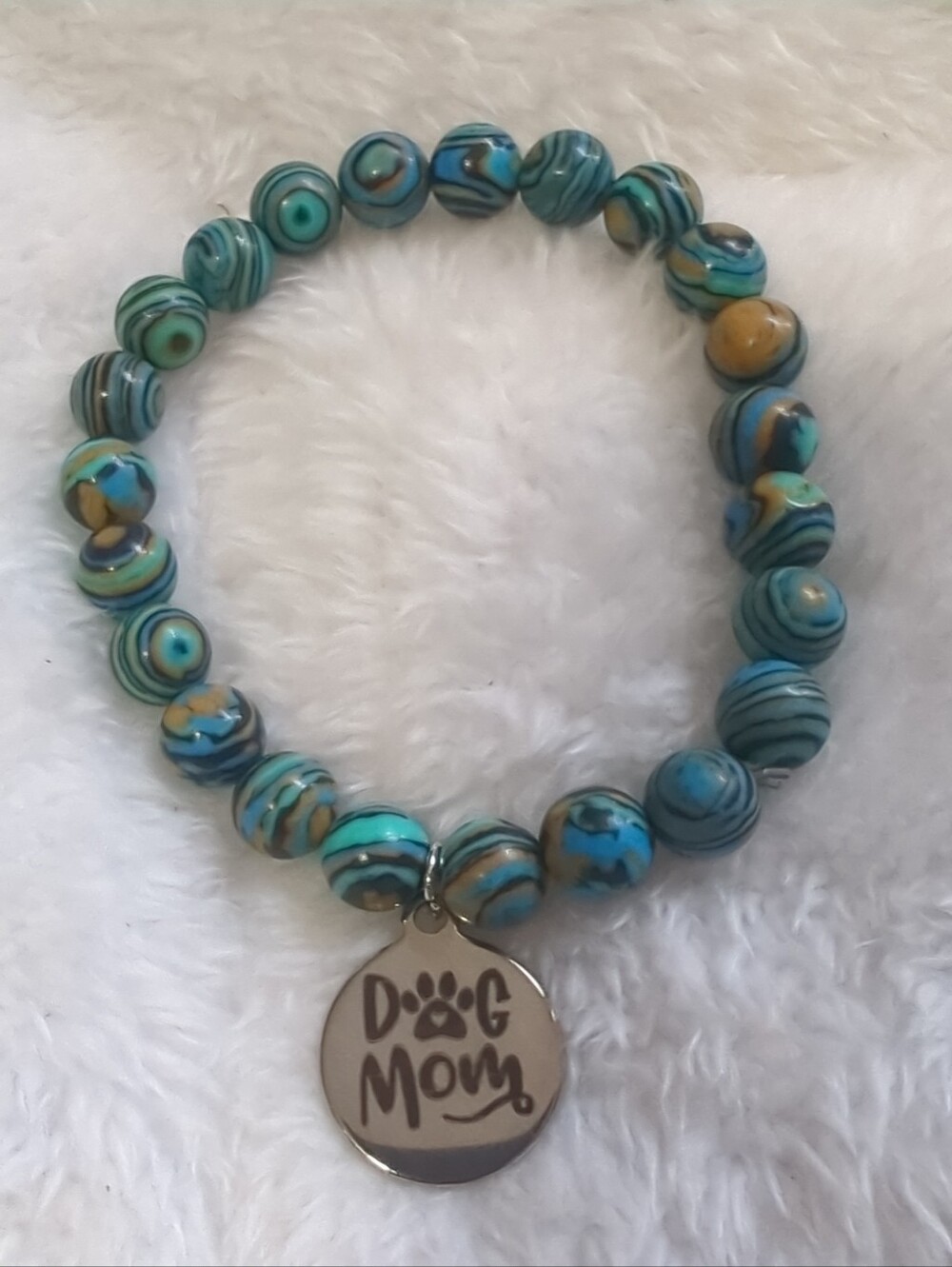 Dog Mom Charm Striped Malachite Turquoise Blue Stones  Stretch Bracelet NWT